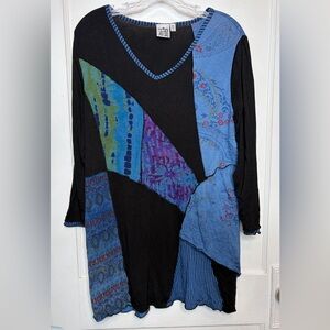 Parsley & Sage Patchwork Blue Floral Tunic Top Layered Asymmetric Boho Artsy XL